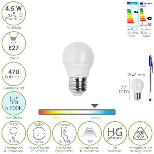 Lâmpada Led Esférica Rosca E27 4,5 Watt. Equivalente a 55 Watts. 470 lúmens. Luz Fria (6500º K)