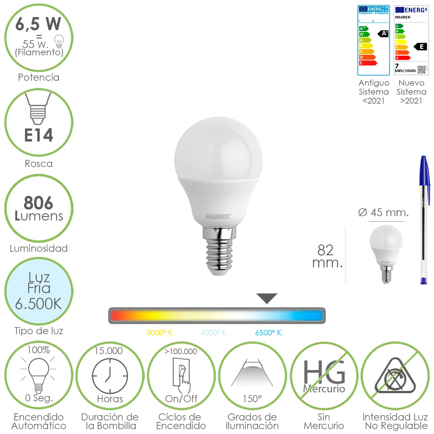 Led Bulbo Sphere Thread E14. 6,5 Watts. Equivalente a 55 Watts. 806 lúmens. Luz Fria 6500º K.