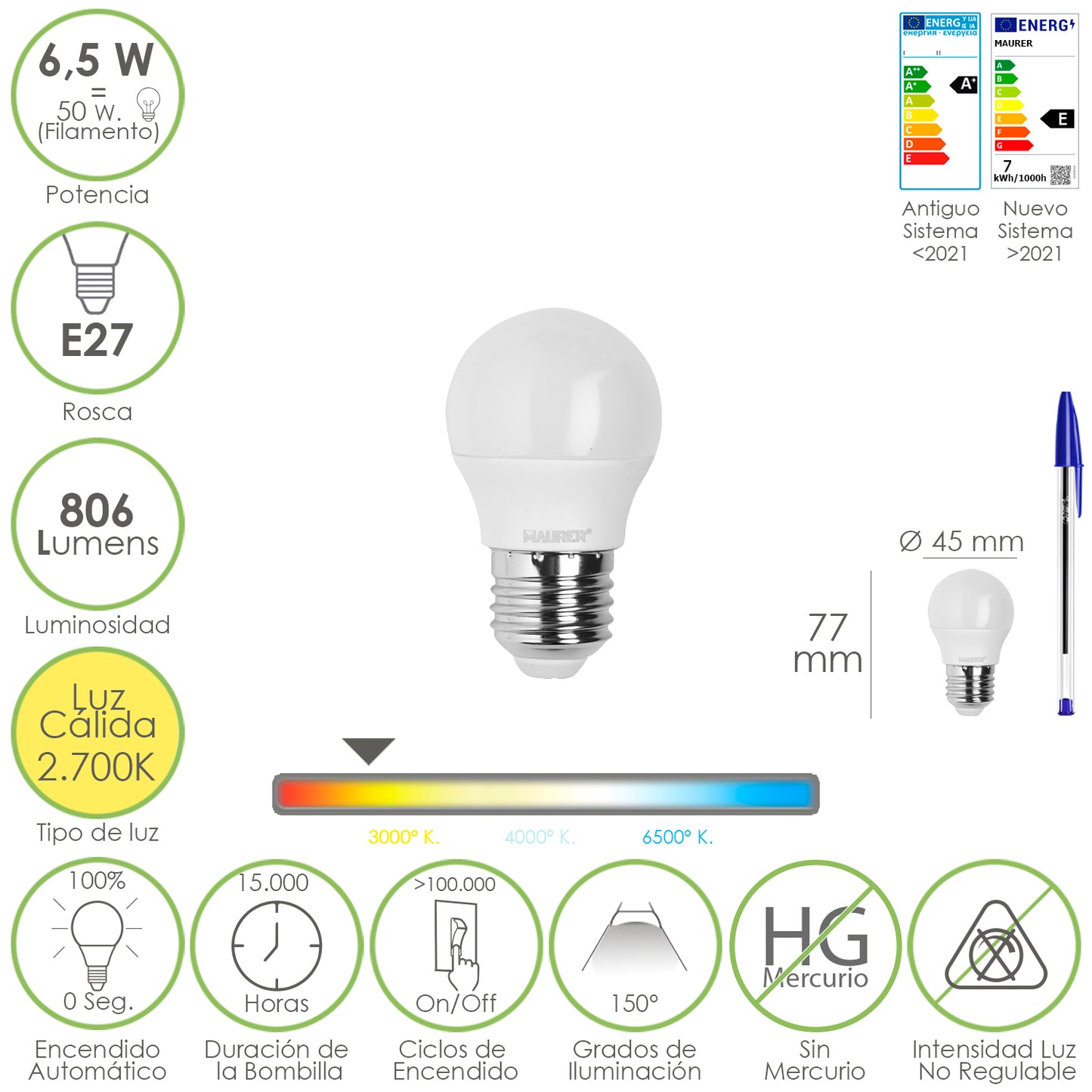 Led Bulb Sphere Thread E27. 6,5 Watts. Equivalente a 50 Watts. 806 lúmens. Luz Quente 3000º K.