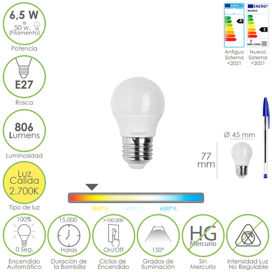 Led Bulb Sphere Thread E27. 6,5 Watts. Equivalente a 50 Watts. 806 lúmens. Luz Quente 3000º K.
