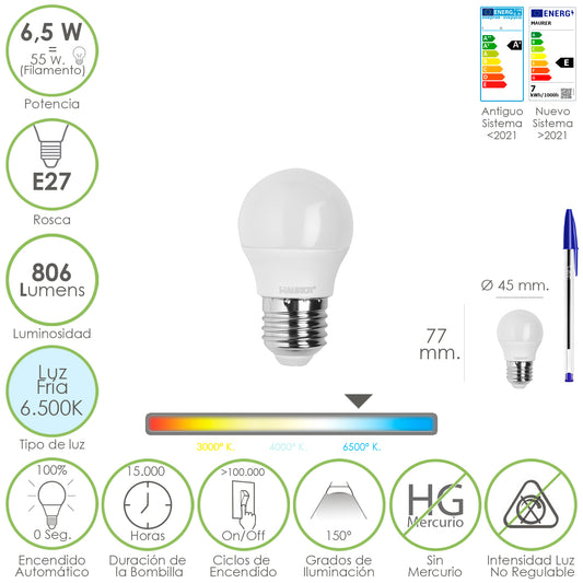 Led Bulb Sphere Thread E27. 6,5 Watts. Equivalente a 55 Watts. 806 lúmens. Luz Fria 6500º K.