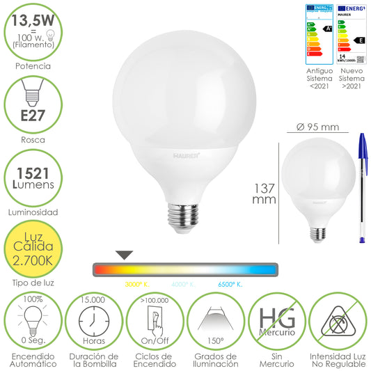 Led Bulbo Sphere Globe E27. 13,5 Watts. É equivalente a 100 Watts. 1521 lúmens. Luz Quente 3000º K.