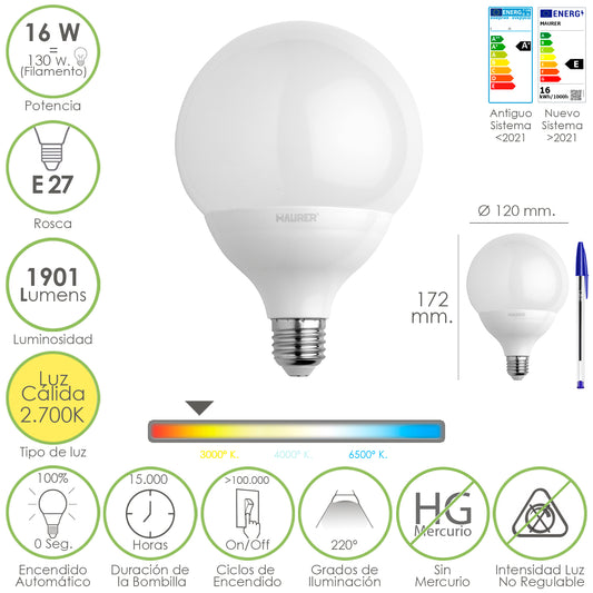 E27 Parafuso Globo Led Lâmpada. 16 Watts. Equivalente a 130 Watts. 1901 Lúmens. Luz quente (2700º K.)