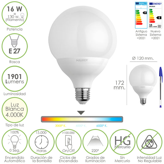 E27 Parafuso Globo Led Lâmpada. 16 Watts. Equivalente a 130 Watts. 1901 Lúmens. Luz Branca (4000º K.)