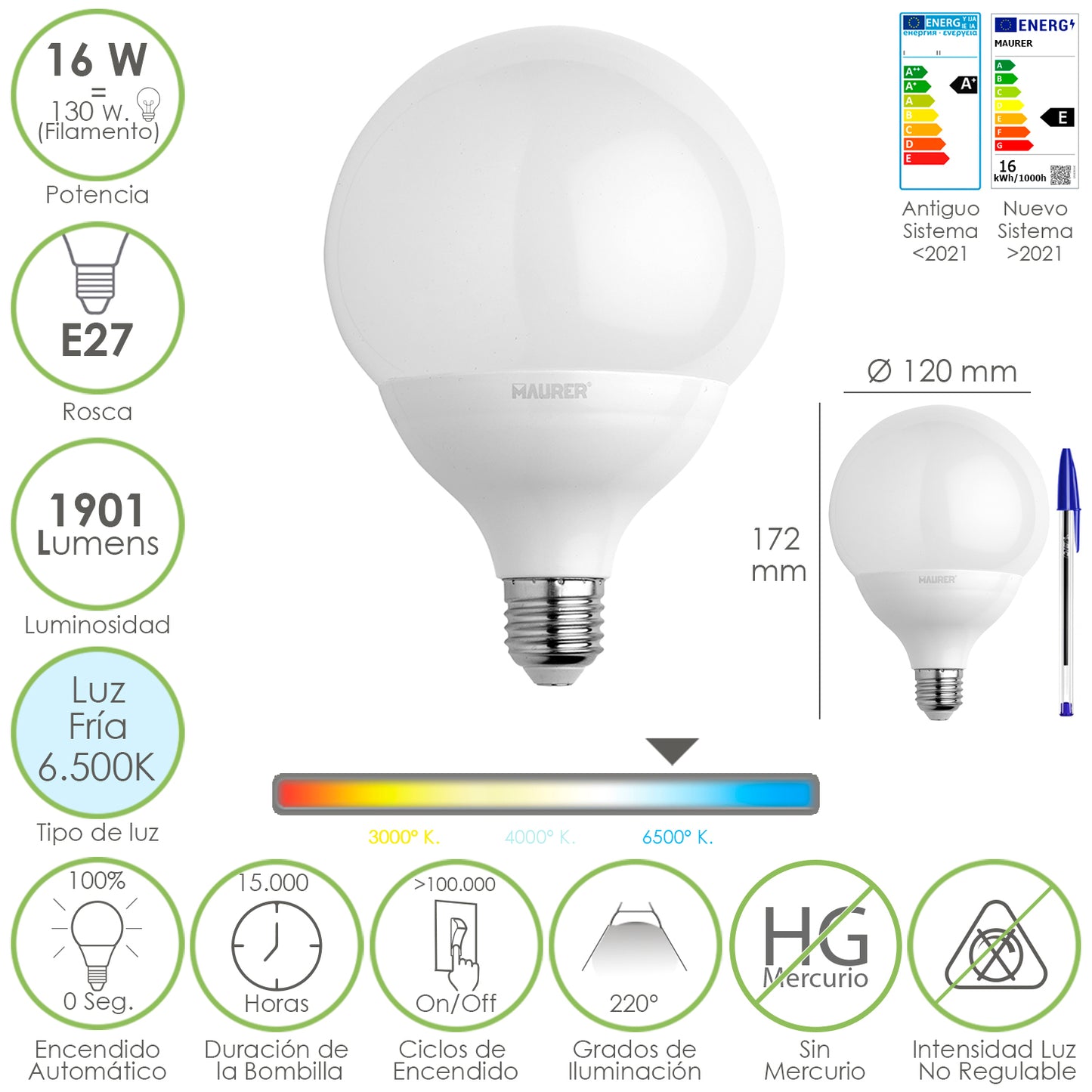 E27 Parafuso Globo Led Lâmpada. 16 Watts. Equivalente a 130 Watts. 1901 Lúmens. Luz Fria 6500º K.