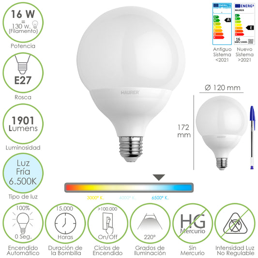 E27 Parafuso Globo Led Lâmpada. 16 Watts. Equivalente a 130 Watts. 1901 Lúmens. Luz Fria 6500º K.