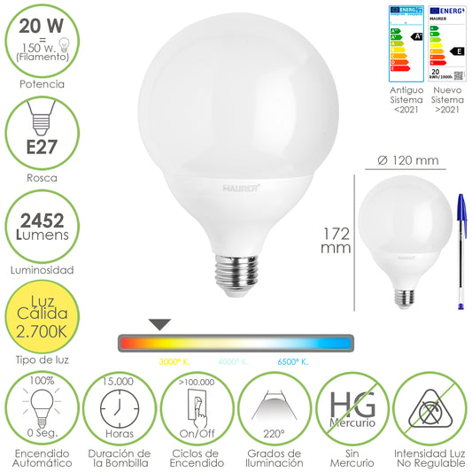 Lâmpada E27 Globo. 20 watts. Equivalente a 150 Watts. 2452 lúmens. Luz Quente 2700º K.