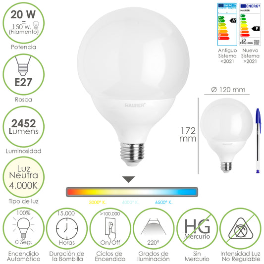Lâmpada E27 Globo. 20 watts. Equivalente a 150 Watts. 2452 lúmens. Luz Neutra 4000º K.