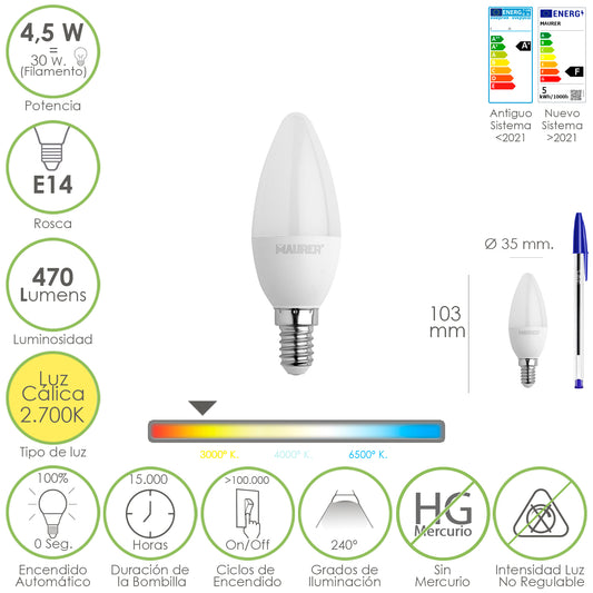 Lâmpada de vela led de parafuso E14. 4,5 Watts. Equivalente a 35 Watts. 470 lúmens. Luz Quente (2700º K)