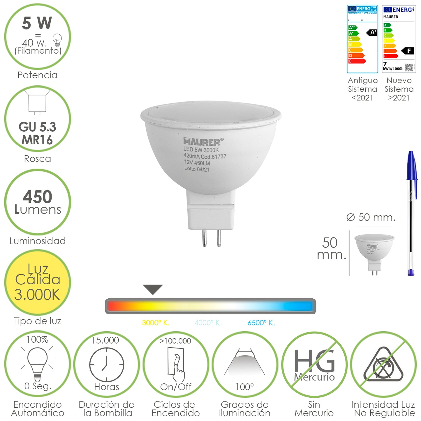 Dicroica Led Bulb Thread GU 5.3 / MR16. 5 watts. Equivalente a 40 Watts. 405 lúmens. Luz quente (3000º K.)