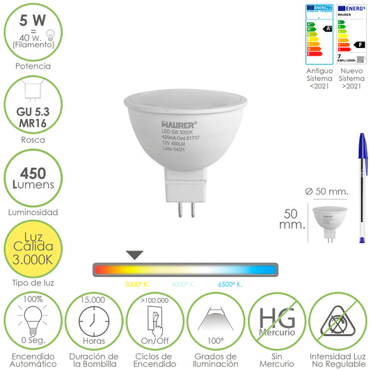 Dicroica Led Bulb Thread GU 5.3 / MR16. 5 watts. Equivalente a 40 Watts. 405 lúmens. Luz quente (3000º K.)