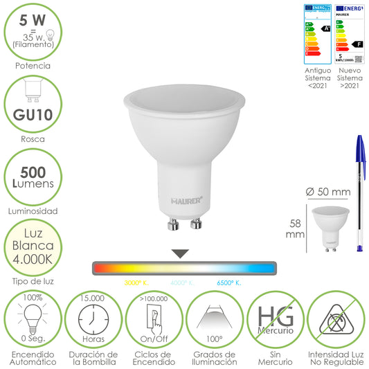 Lâmpada led dicróica de rosca GU10. 5 watts. Equivalente a 35 Watts. 500 lúmens. Luz Neutra 4000º K
