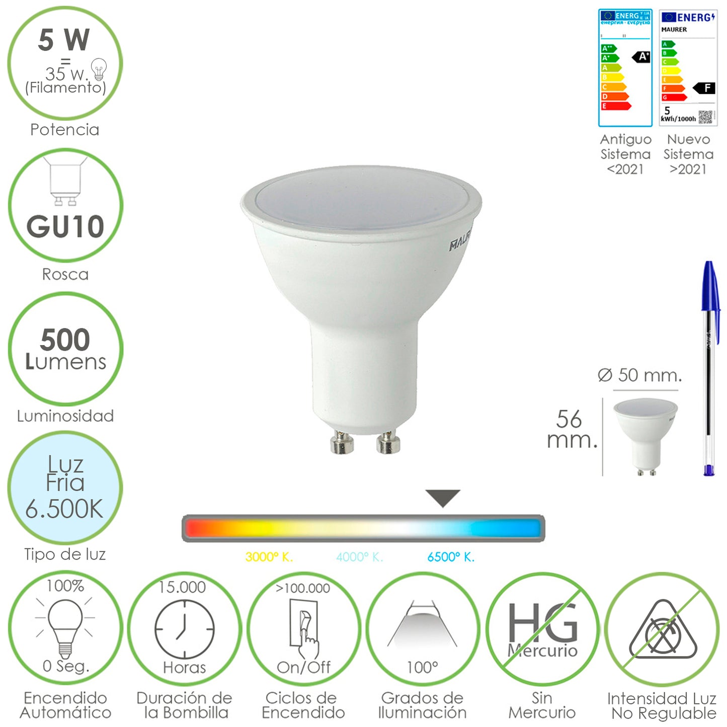 Lâmpada led dicróica de rosca GU10. 5 watts. Equivalente a 30 Watts. 500 lúmens. Luz Fria (6500º K.)