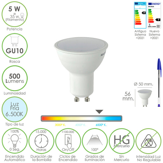 Bombilla Led Dicroica Rosca GU10. 5 Watt. Equivale A 30 Watt. 500 Lumenes. Luz Fria (6500º K.)