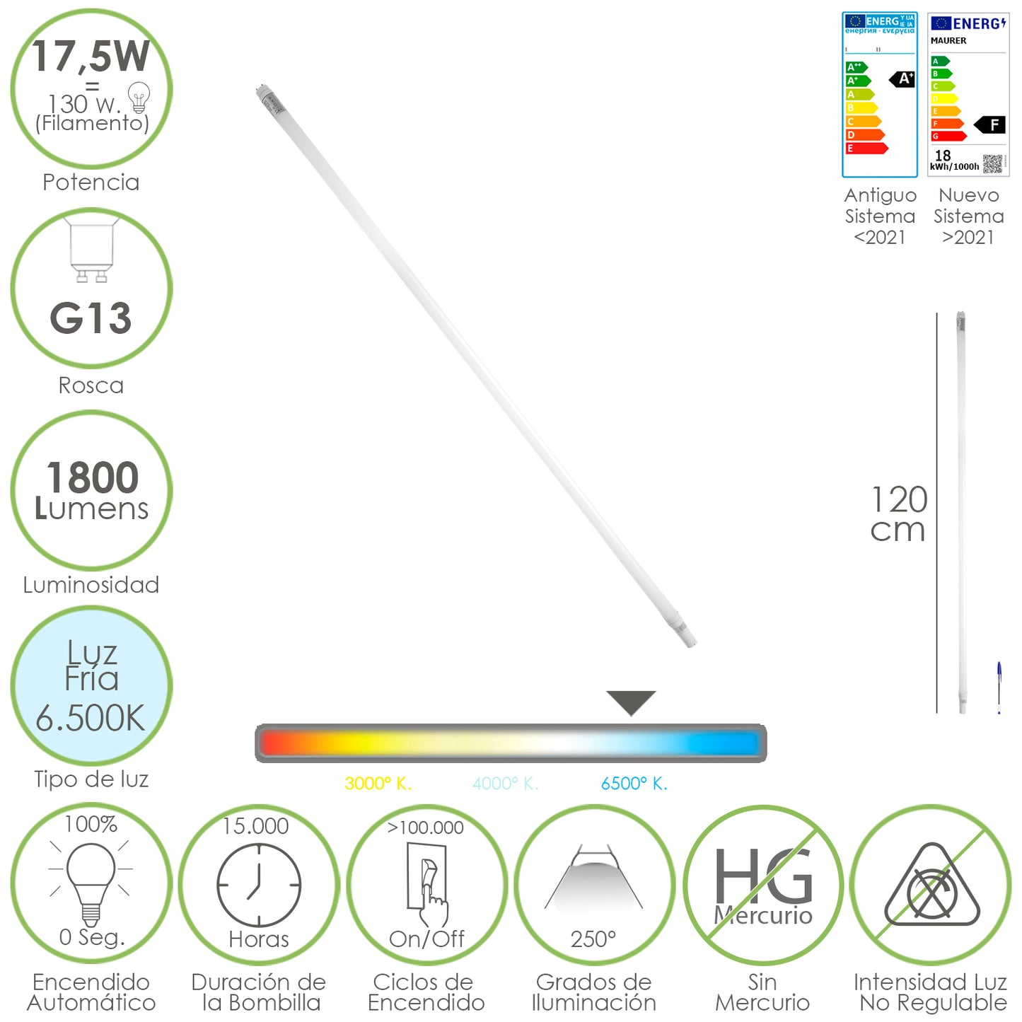 Tubo de LED T8 120 cm.17,5 Watt. Equivalente a 130 Watts. 1800 lúmens. Luz Fria 6500º K.