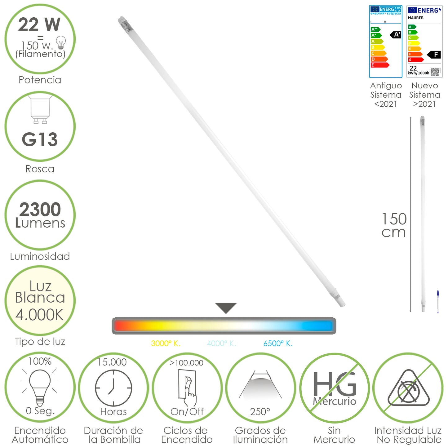 Tubo led T8 150 cm. 22 watts. Equivalente a 150 Watts. 2300 lúmens. Luz Neutra 4000º K.