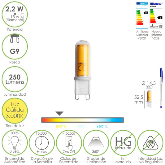 Lâmpada Led de Parafuso G9. 2,2 Watt. Equivalente a 15 Watts. 250 lúmens. Luz quente (3000º K.)