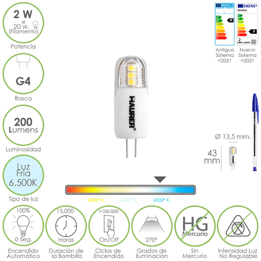 Bombilla Led Dicroica Rosca G4. 2 Watt. Equivale A 20 Watt. 200 Lumenes. Luz Fria (6500º K)