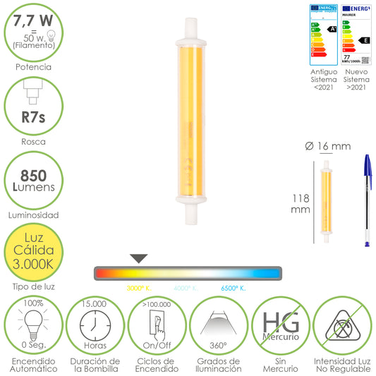 Lâmpada Led Para Holofotes Rosca R7S. 7,7 Watts. Equivalente a 50 Watts. 850 lúmens. Luz quente (3000º K.)