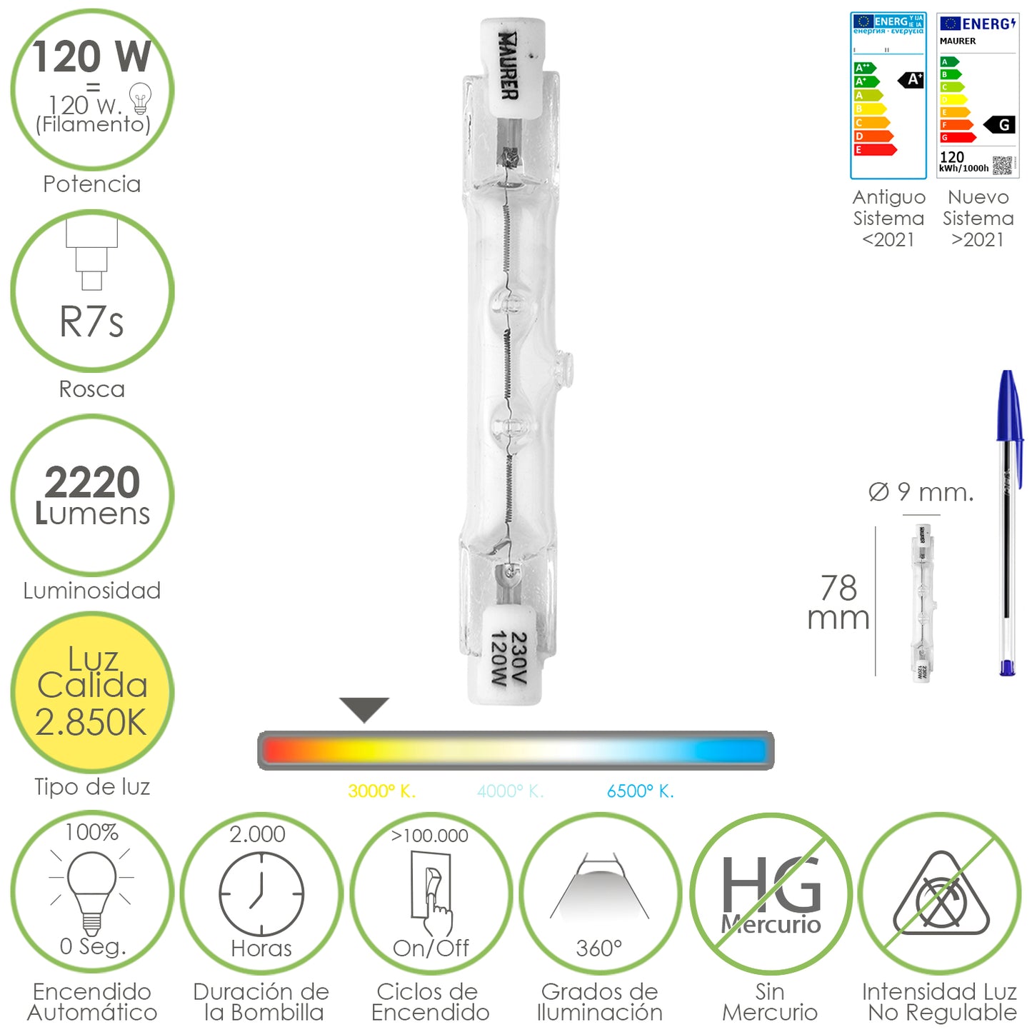 Lâmpada Halógena Para Holofotes Rosca R7S. 120 Watts. 2220 lúmens. Luz Quente (2850º K)