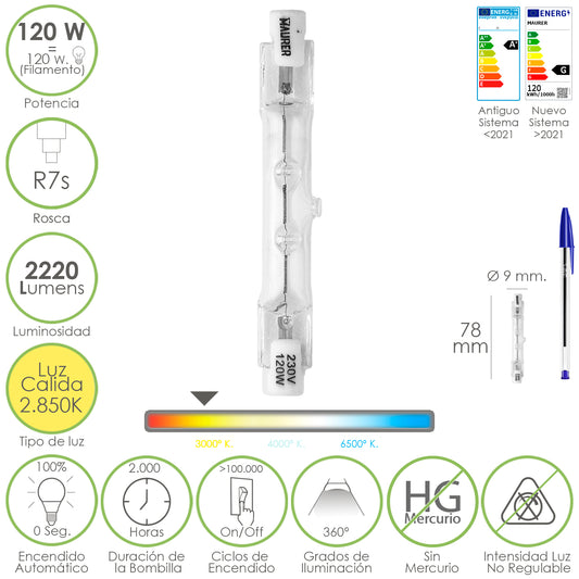 Bombilla Halogena Para Focos Rosca R7S. 120 Watt. 2220 Lumenes. Luz Cálida (2850º K)