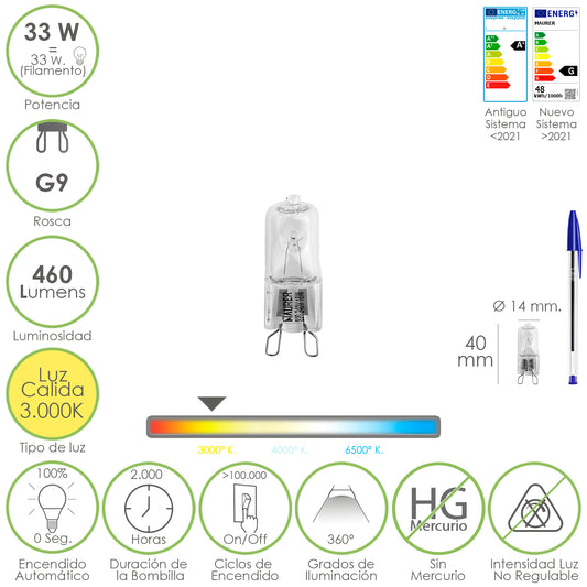 Bombilla Halogena G-9 33 W. 460 lumenes. Luz cálida (3.000ºK)