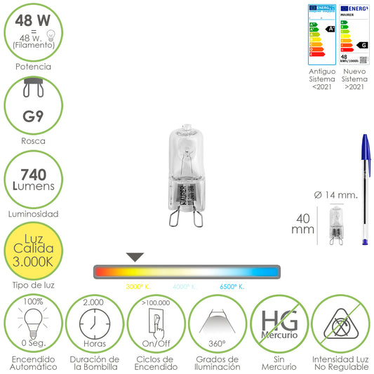Lâmpada halógena G-9. 48 W. 740 lúmens. Luz quente (3.000º K.)