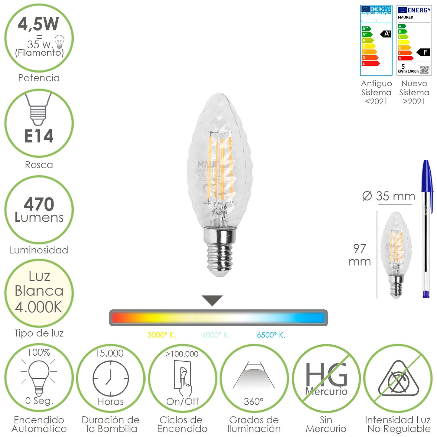 Lâmpada de filamento de vela Led Twist. E14. 4,5 Watts. Equivalente a 35 Watts. 470 lúmens. Luz Neutra 4000º K.