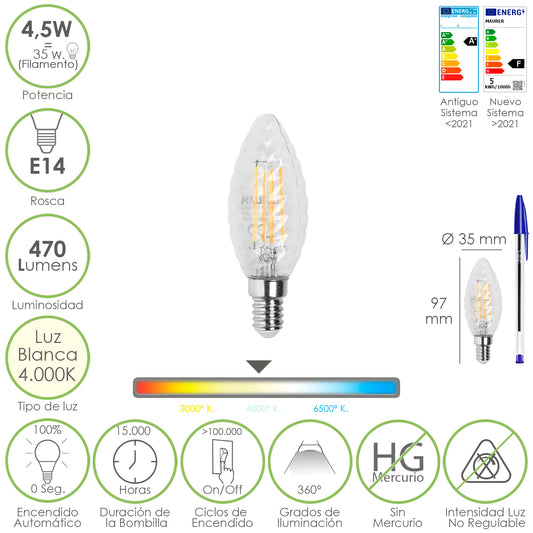 Lâmpada de filamento de vela Led Twist. E14. 4,5 Watts. Equivalente a 35 Watts. 470 lúmens. Luz Neutra 4000º K.