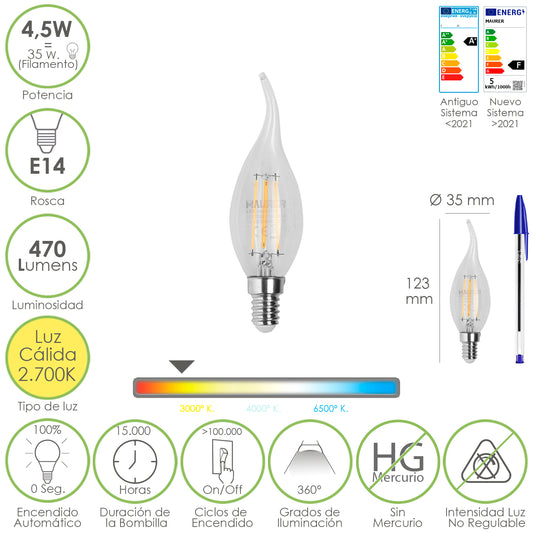 Led Filament Vela Flame E14 Bulb. 4,5 Watts. Equivalente a 35 Watts. 470 lúmens. Luz Quente 2700º K.