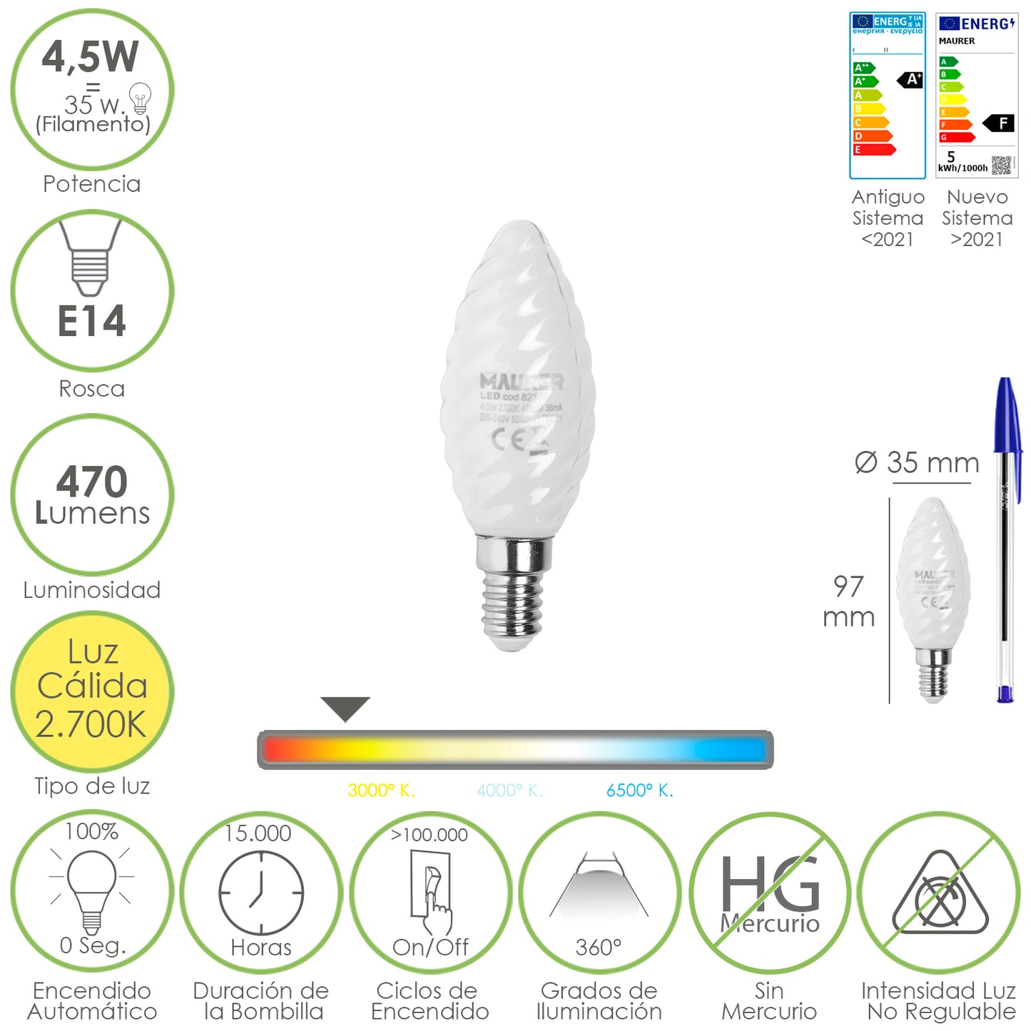 Lâmpada LED de filamento de vela fosco E14. 4,5 Watts. Equivalente a 35 Watts. 470 lúmens. Luz Quente 2700º K.