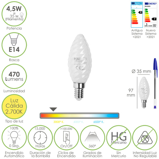Lâmpada LED de filamento de vela fosco E14. 4,5 Watts. Equivalente a 35 Watts. 470 lúmens. Luz Quente 2700º K.