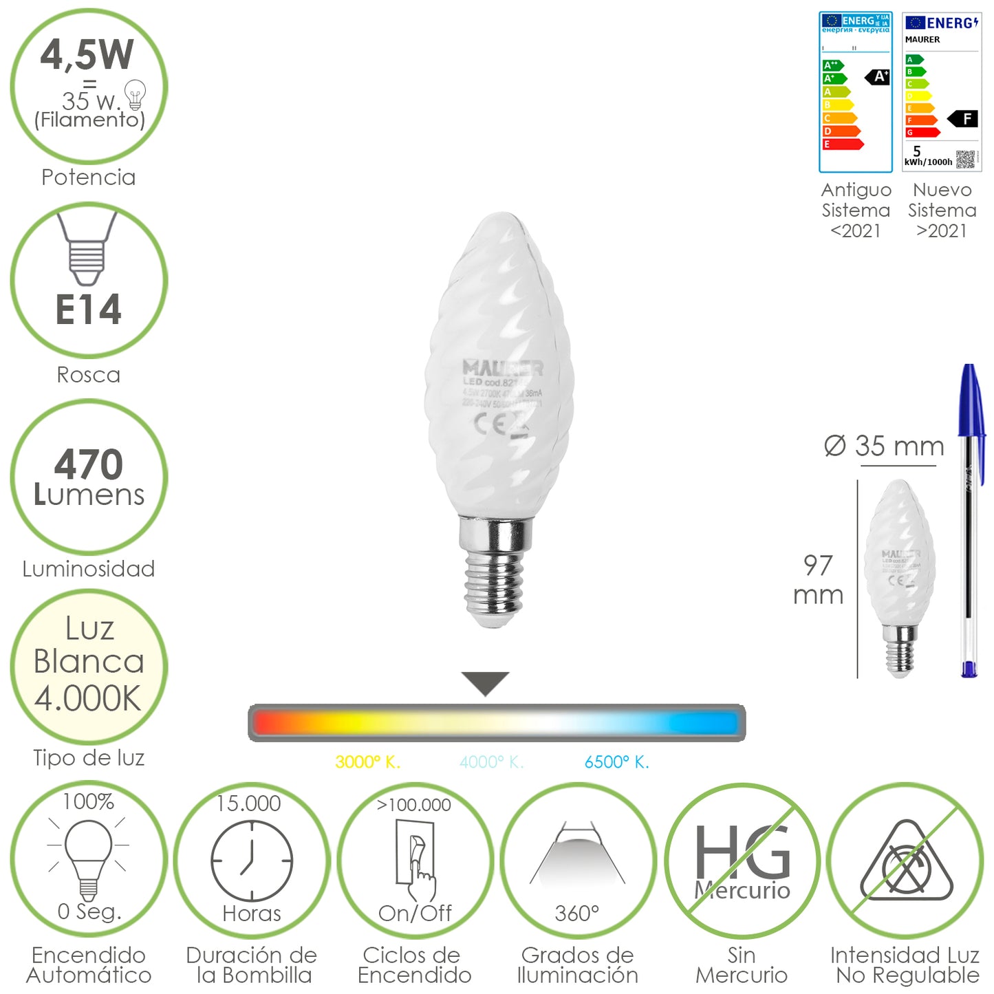Lâmpada LED de filamento de vela fosco E14. 4,5 Watts. Equivalente a 35 Watts. 470 lúmens. Luz Neutra 4000º K.