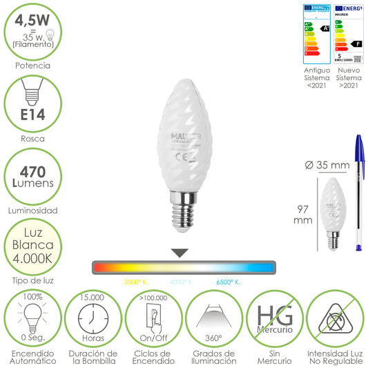 Lâmpada LED de filamento de vela fosco E14. 4,5 Watts. Equivalente a 35 Watts. 470 lúmens. Luz Neutra 4000º K.