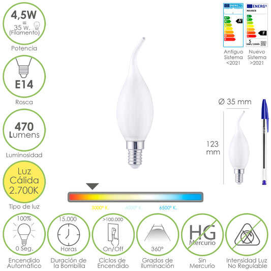 Lâmpada LED de filamento de vela de chama fosca E14. 4,5 Watts. Equivalente a 35 Watts. 470 lúmens. Luz Quente 2700º K.