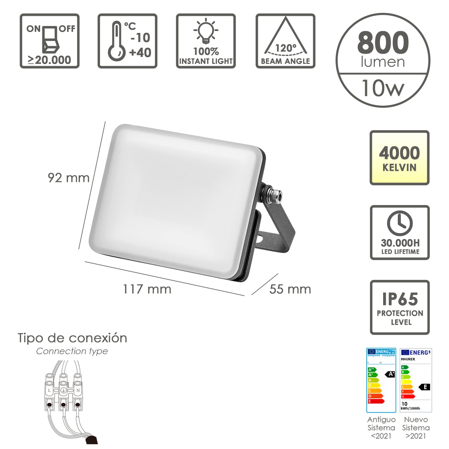 Foco Led Plano Potencia 10 Watt.800 Lumenes. Luz blanca 4000ºK Protección IP65. Cuerpo Aluminio. Foco Exteriores / Interiores.