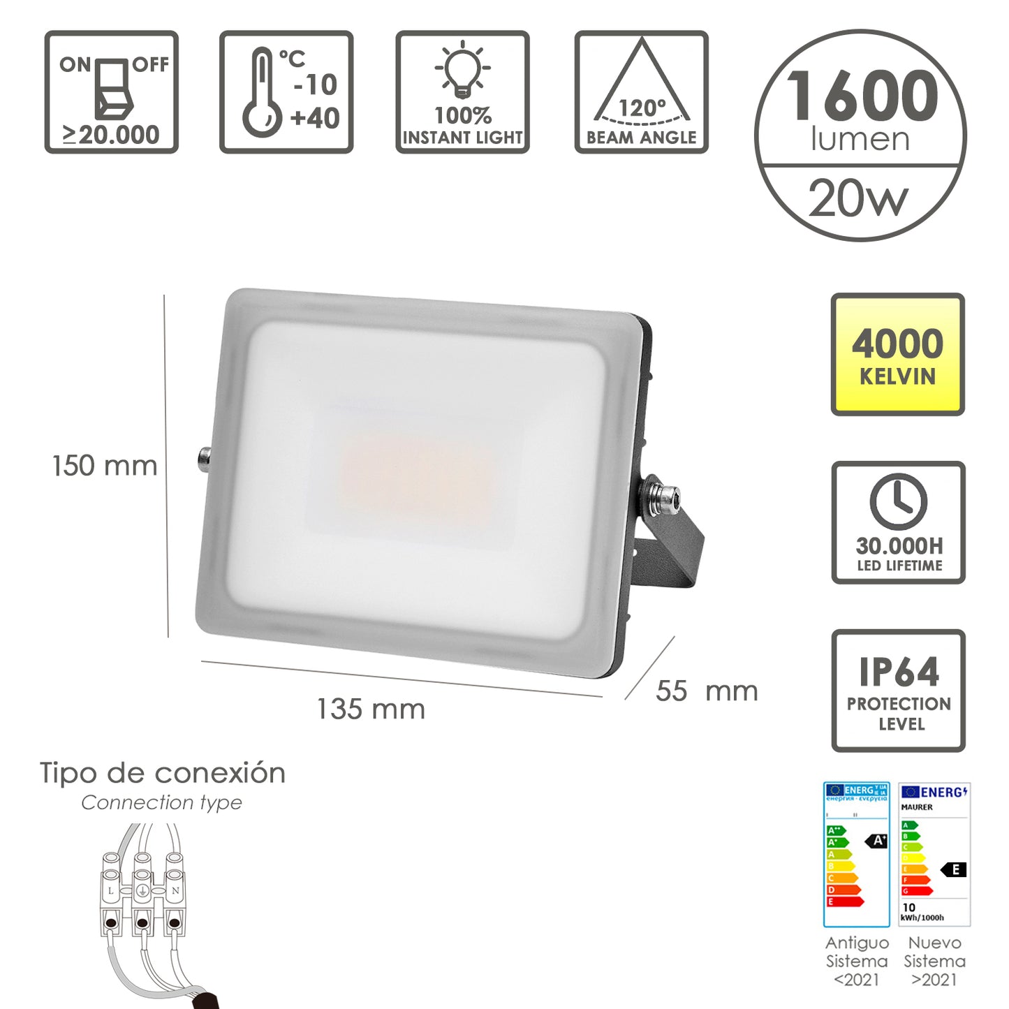 Refletor Led Plano Potência 20 Watts. 1600 lúmens. Luz branca 4000ºK Proteção IP65. Corpo de alumínio. Foco exterior/interior