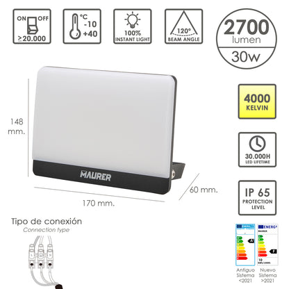 Refletor LED plano com potência de 30 Watts. 2700 lúmens. Luz branca 4000ºK Proteção IP65. Corpo de alumínio. Refletor externo / interno