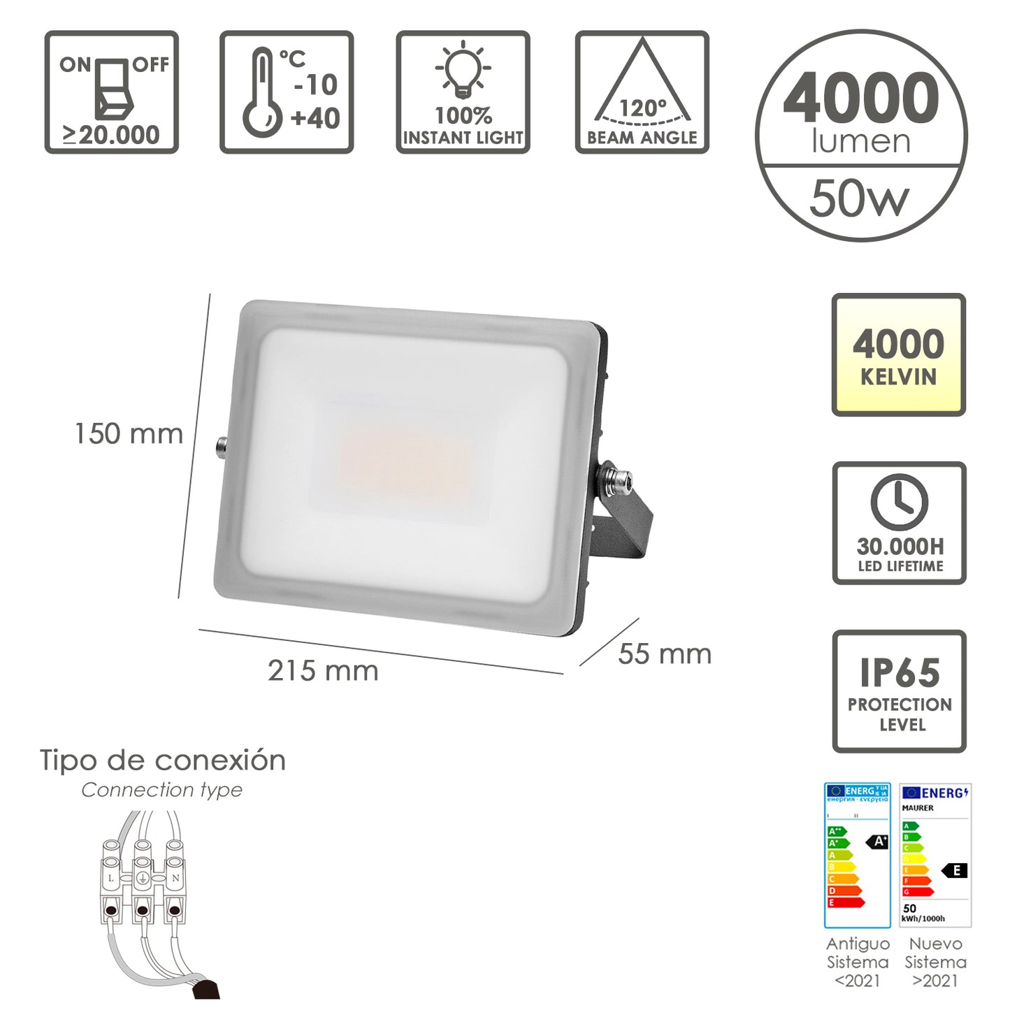 Foco Led Plano Potencia 50 Watt. 4000 Lumenes. Luz blanca 4000ºK Protección IP65. Cuerpo Aluminio. Foco Exteriores / Interiores.