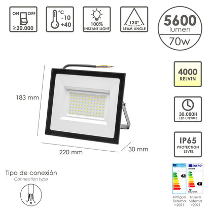 Refletor LED plano com potência de 70 Watts. 5600 lúmens. Luz branca 4000ºK Proteção IP65. Corpo de alumínio. Foco Exterior/Interior.