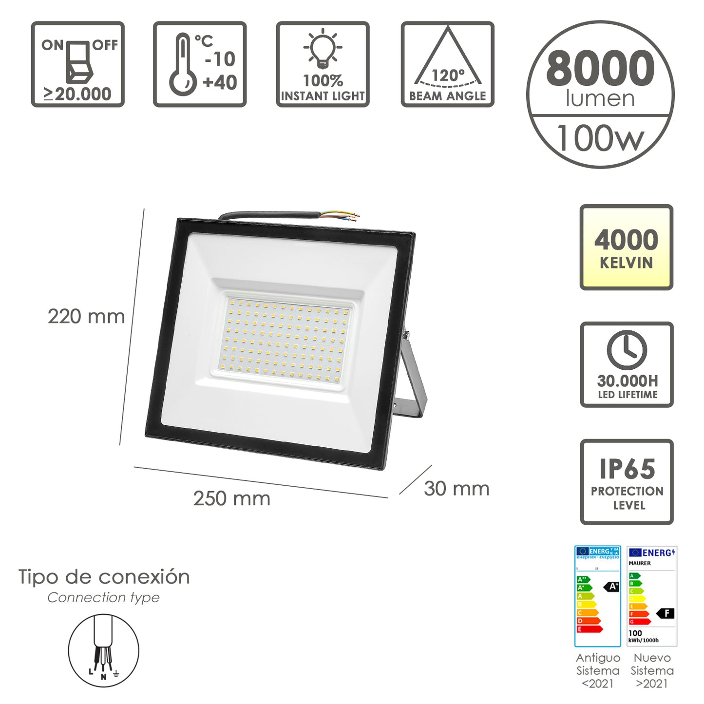 Refletor Led Plano Potência 100 Watts. 8000 lúmens. Luz branca 4000ºK Proteção IP65. Corpo de alumínio. Foco exterior/interior