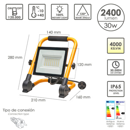 Refletor Led Plano 30 Watts. Luz Branca 4000º K IP 65 2400 Lumens Com Alça De Transporte, Projetor Led Com Alça, Luz De Trabalho Led