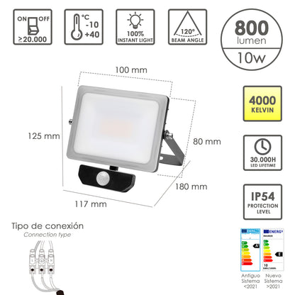 Holofote Led Plano 10 Watts. Luz branca 4000º K IP 65 800 lúmens com sensor de presença