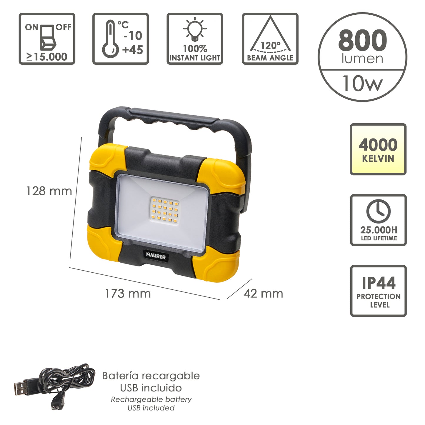 Refletor plano recarregável de 10 Watts. 800 Lumens Luz branca 4000ºK Proteção IP44. Trabalhos conduzidos por projetor portátil