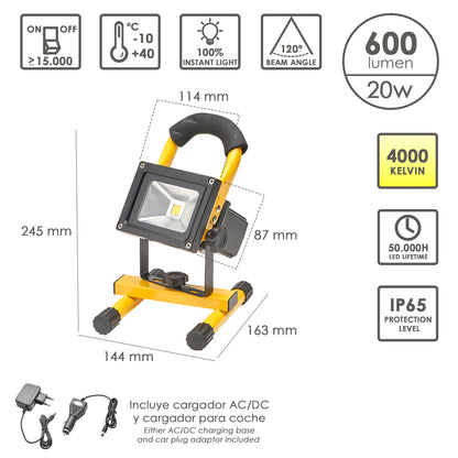 Refletor LED de 20 Watts. Luz Branca 4000º K IP 65 600 Lumens Com Alça De Transporte, Projetor Led Com Alça, Luz De Trabalho Led