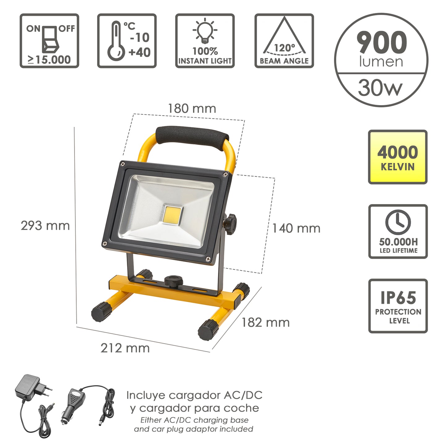 Refletor LED de 30 Watts. Luz Branca 4000º K IP 65 900 Lumens Com Alça De Transporte, Projetor Led Com Alça, Luz De Trabalho Led