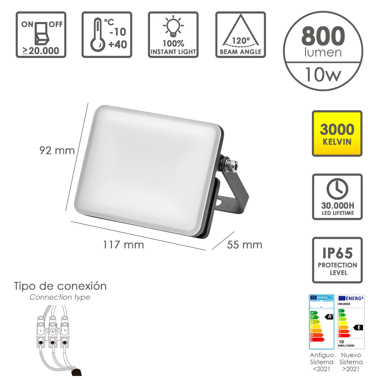 Foco Led Plano Potencia 10 Watt. 800 Lumenes. Luz Calida 3000ºK Protección IP65. Cuerpo Aluminio. Foco Exteriores / Interiores