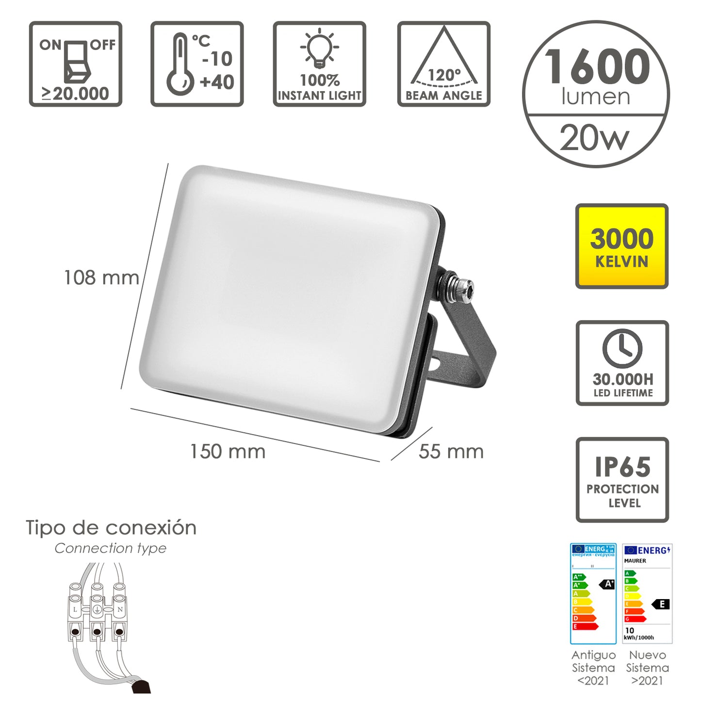 Refletor Led Plano Potência 20 Watts. 1600 lúmens. Luz Quente 3000ºK Proteção IP65. Corpo de alumínio. Foco exterior/interior