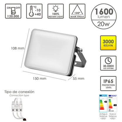 Refletor Led Plano Potência 20 Watts. 1600 lúmens. Luz Quente 3000ºK Proteção IP65. Corpo de alumínio. Foco exterior/interior