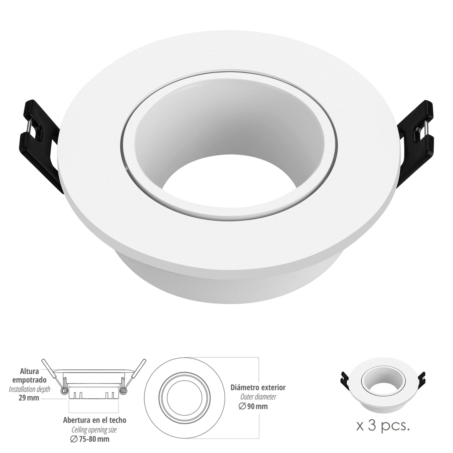 Aro Foco Empotrable Regulable Con Portalamparas Para Bombillas GU10 Ø 90 x 29 mm. Bombilla encastrada. Pack de 3 unidades